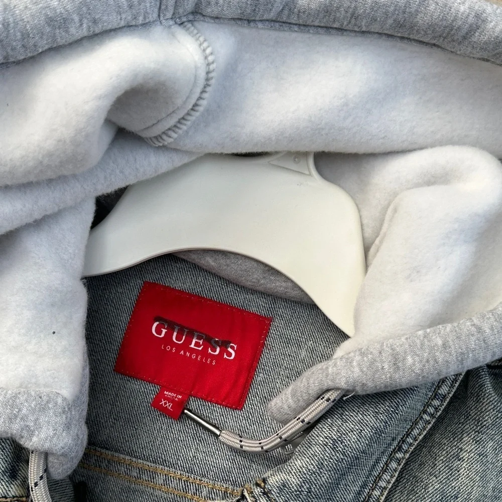 New Guess Blue Denim Jacket with Gray Hood